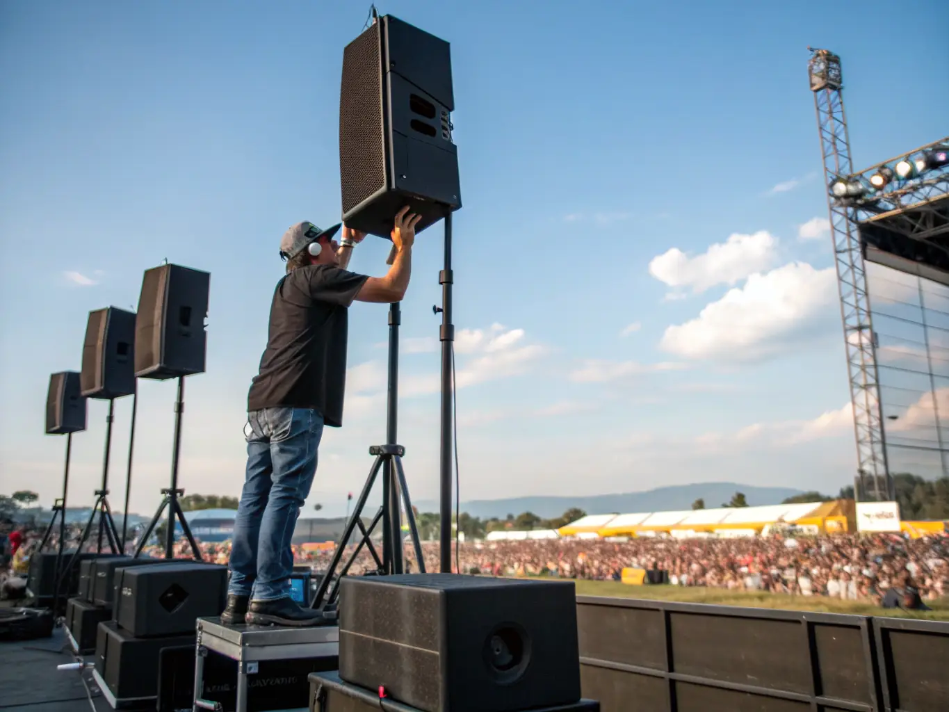 A vibrant image capturing the setup of a temporary sound system at a local community festival, showcasing the equipment and the lively atmosphere.