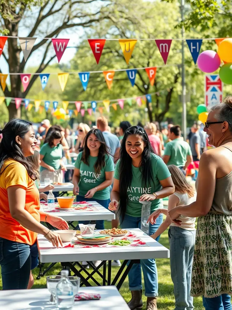 A group of volunteers setting up decorations for a community event, showcasing the non-permanent decorative setups service.