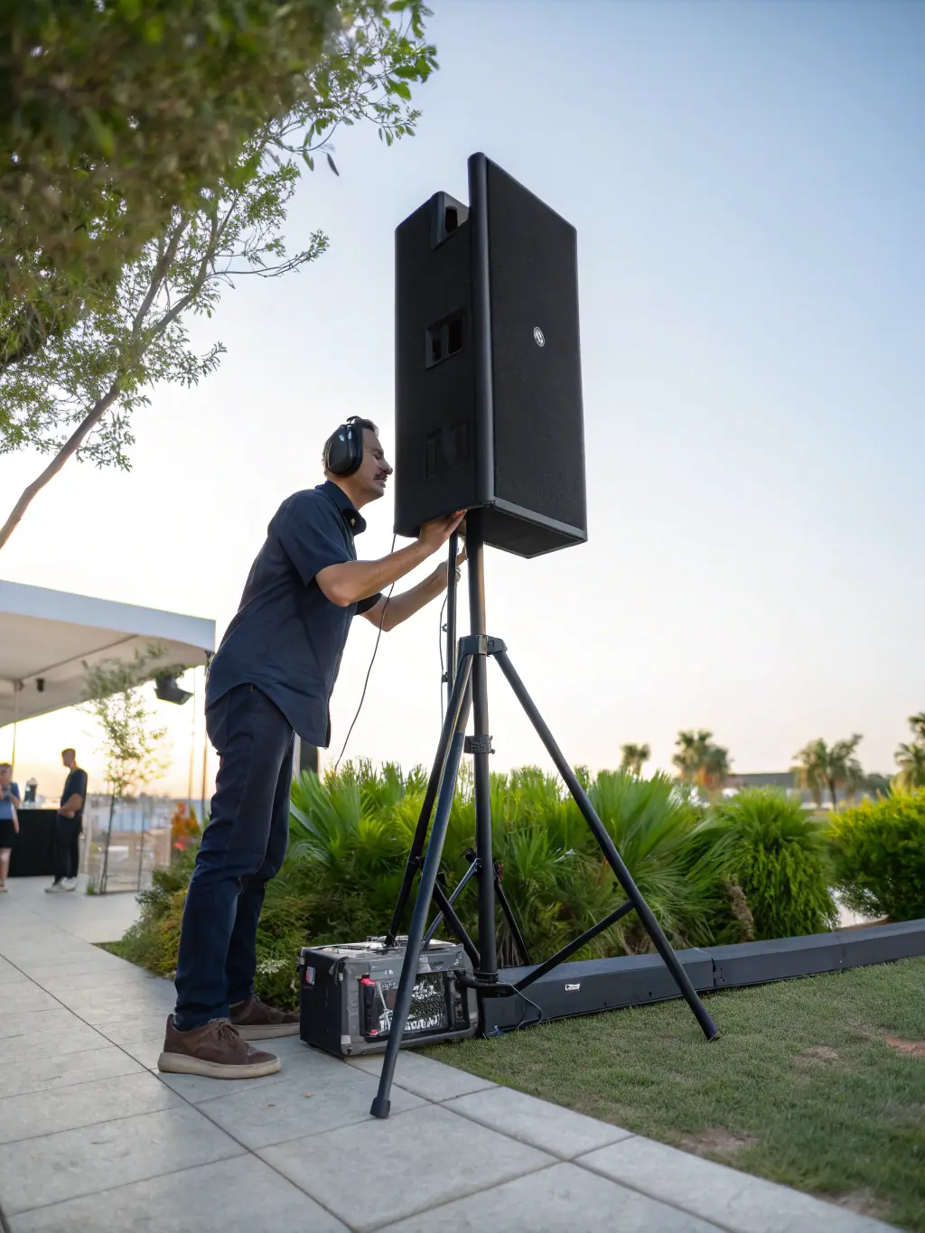A professional sound technician setting up a large sound system at an outdoor community event, with speakers and mixing consoles visible, representing the Sound Systems for Events program.