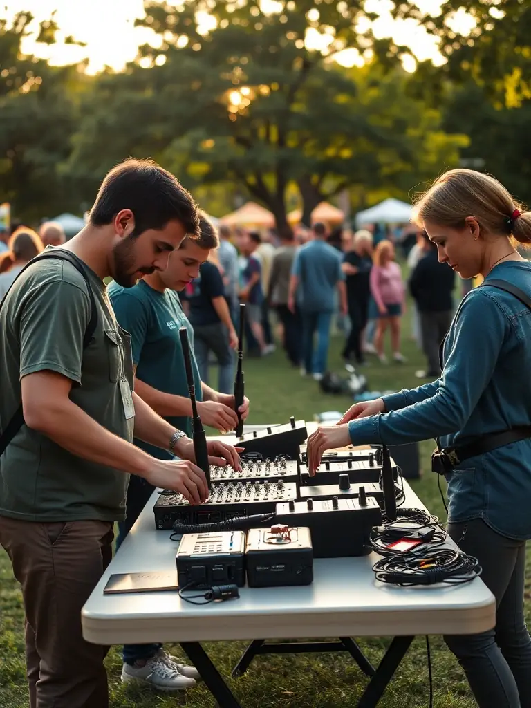 A professional photograph capturing volunteers setting up a sound system for a community festival, demonstrating ASSOCIATION CENTRE ANIMATION's commitment to supporting local events.