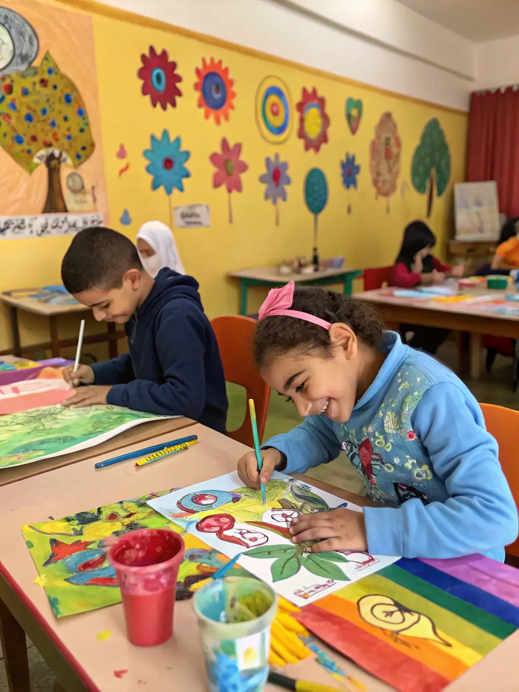 A vibrant photograph capturing children participating in an art workshop at a local community center, showcasing the joy and creativity fostered by ASSOCIATION CENTRE ANIMATION's programs.