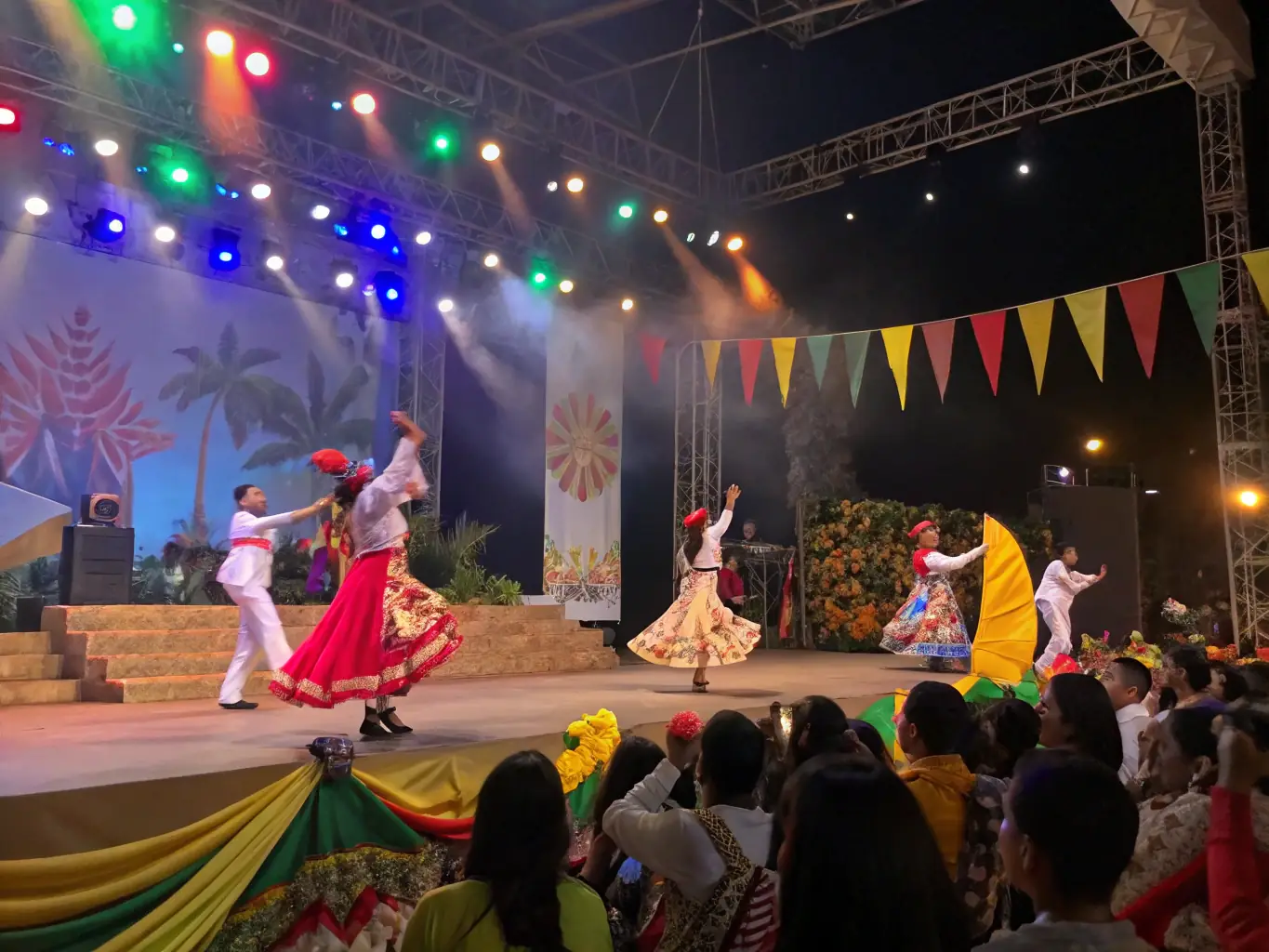 A dynamic image of performers engaging with an audience during a cultural event organized by ASSOCIATION CENTRE ANIMATION.