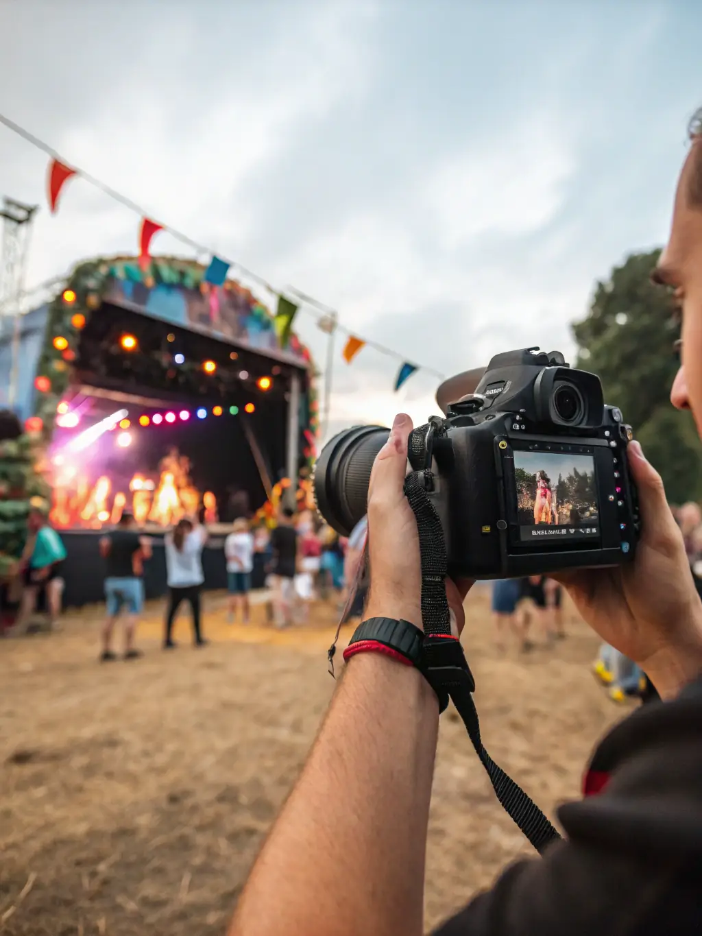 A professional photographer capturing candid moments at a community festival, with vibrant event scenes, representing the Photographic Reporting program.