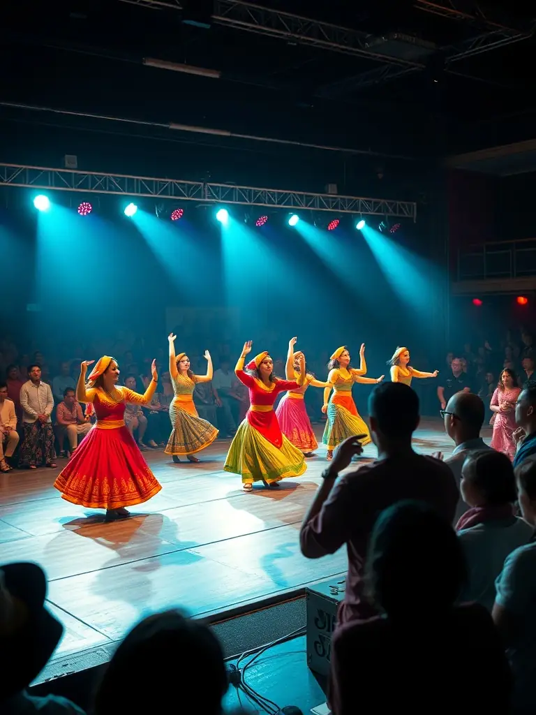 A vibrant scene of performers engaging a community audience with dance and music, colorful decorations in the background, showcasing the Cultural and Artistic Animation program.